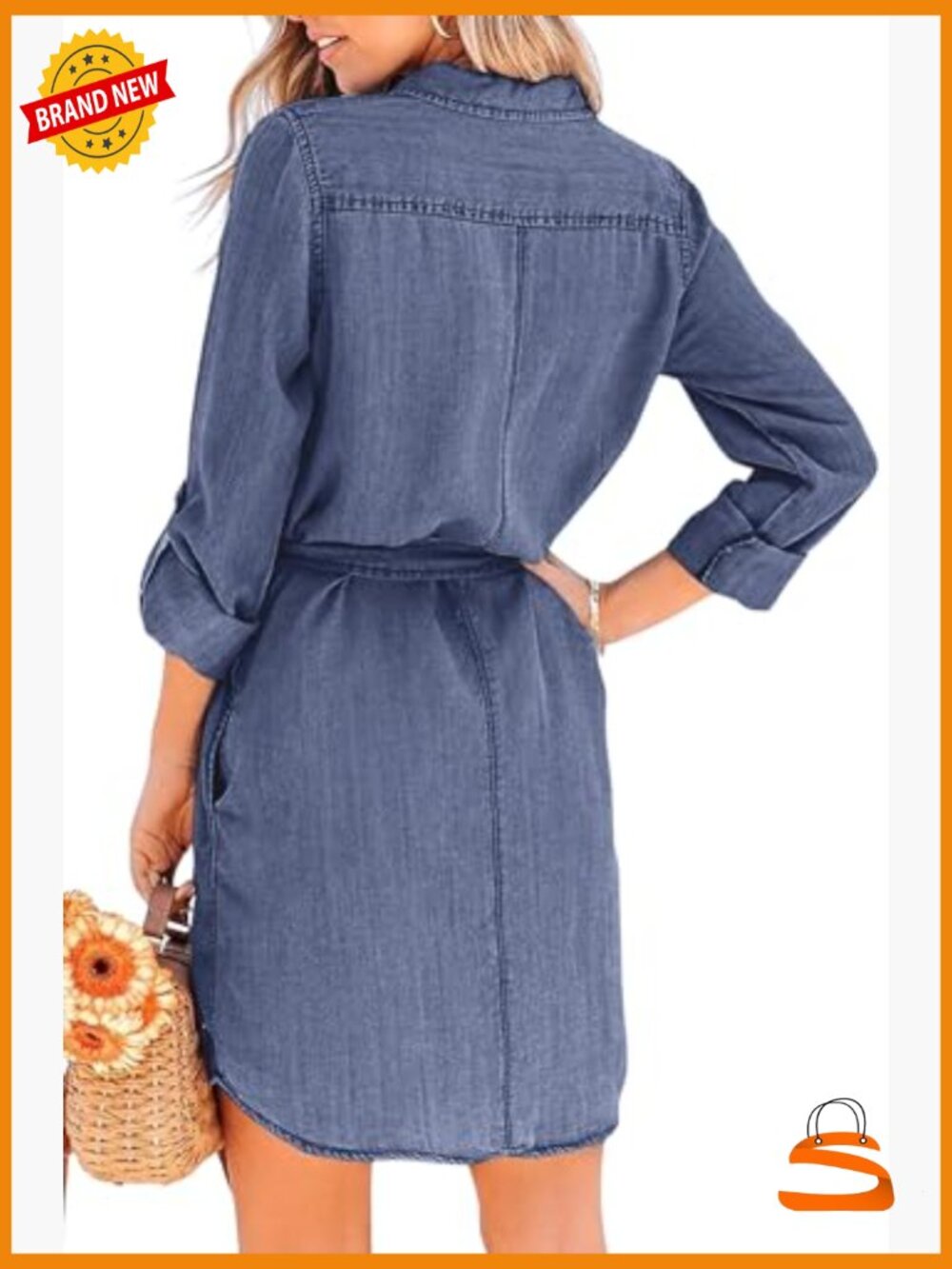 Women's Casual Button Down Jean Shirt Dress Long Sleeve Tie Waist Lightweight - Picture 2 of 7